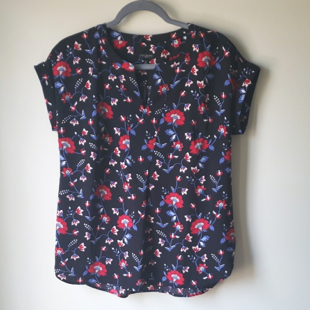 Talbots Black Red Blue Short Sleeve Blouse Top Size S